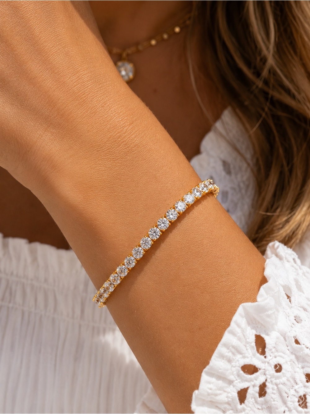 Gold CZ Tennis Bracelet 18K Gold Plated Waterproof Stainless Steel